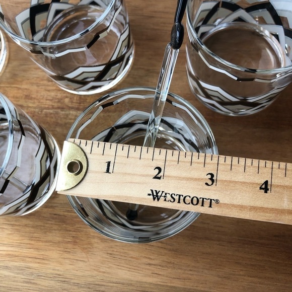 VINTAGE MCM short glass bar ware glasses black white metallic chevron print mod - Picture 8 of 11